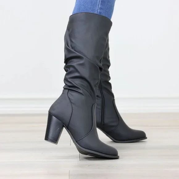 Black Mid-Calf Boots Faux leather Side Zip Block Heel Slouched Shaft - Picture 6 of 15